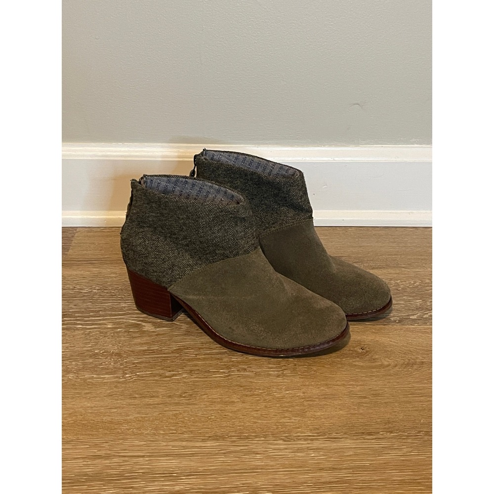 TOMS Olive Green Suede & Herringbone‎ Ankle Booties Block Heel Women's 6.5